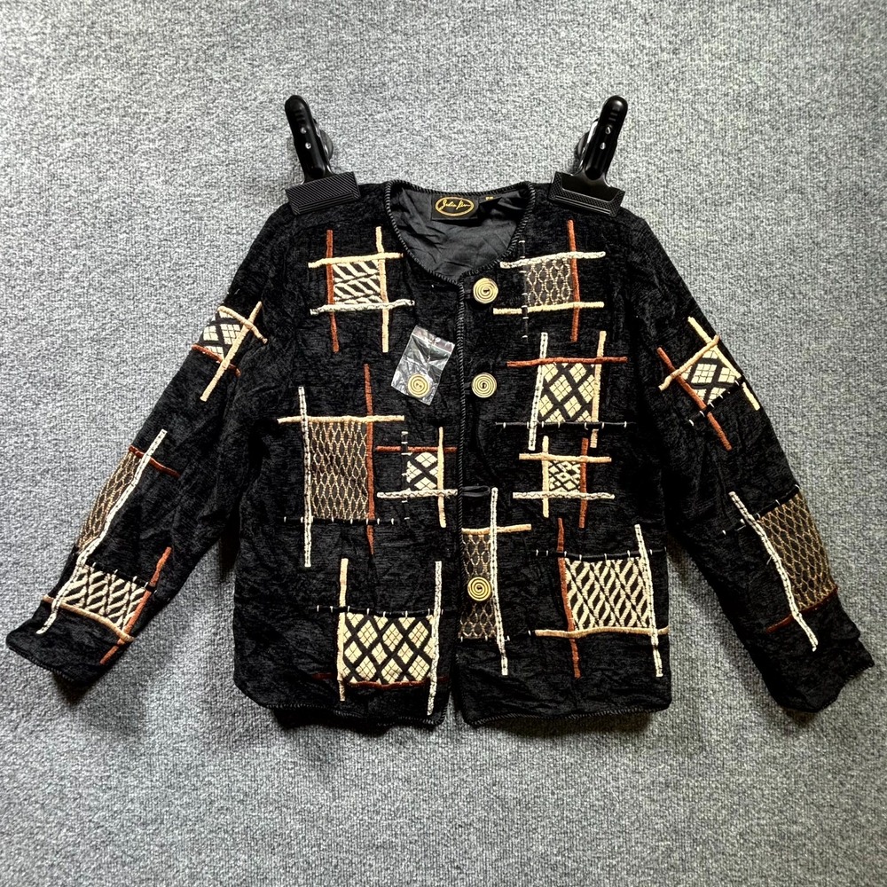 Vintage Julia Kim Jacket Women PS Black Patchwork Button Front Art To Wear Retro